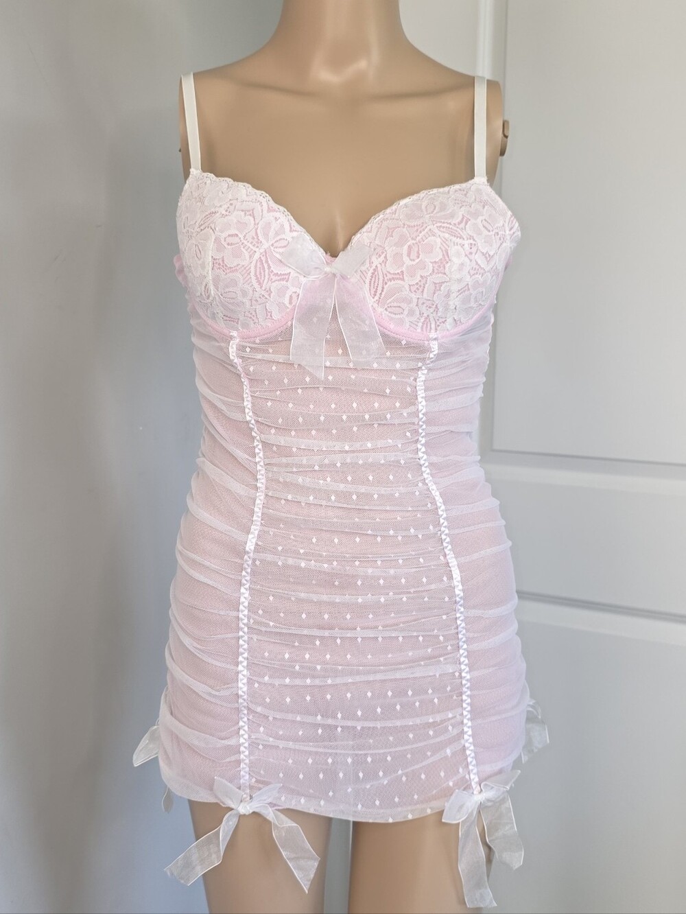 Native Intimates Light Pink Lace & Dot Mesh Chemise with Bows Sz 36B/ M